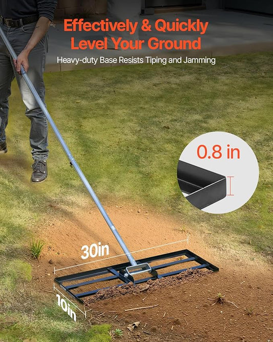 VEVOR Lawn Leveling Rake, Lawn Leveler with 83.9 in Handle, 30x10 in Ground Plate, Rust-Resistant Carbon Steel Soil Leveler, 3 Heights Adjustable, Effort Saving Lawn Leveling Tool for Yard Golf Court