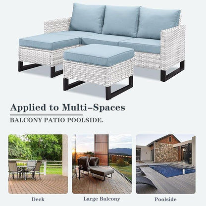 Wicker Patio Furniture Set, 6 PCS Outdoor Patio Furniture Set with Swivel Chairs, Includes 2 Swivel Patio Chairs, 1 Outdoor Couch, 1Side Table and 2 Ottoman, Light Beige/Light Blue