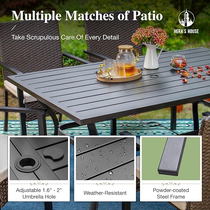 HERA'S HOUSE 7 Pieces Patio Dining Set for 6, Outdoor Rattan Chairs and Black Metal Table with 1.57" Umbrella Hole, Patio Dining Set for Deck Backyard Garden