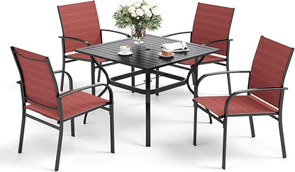 5 Piece Patio Dining Set for 4, 37”Square Table with Umbrella Hole, 4 x Metal Red Chairs, Outdoor Table and Chairs for Lawn and Deck