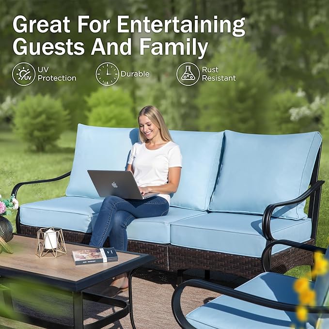 PHI VILLA Outdoor Modern Patio Furniture Set, Upgraded Wicker&Metal Patio Furniture Conversation Set with Waterproof Thick Cushions for Porch, Poolside, Deck, and Yard (4 Pieces,Blue)