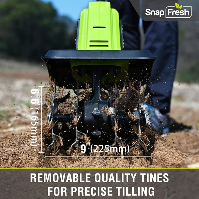 SnapFresh Cordless Tiller Cultivator, 20V Electric Garden Tiller with 4.0AH Battery and Fast Charger, 300 PRM Battery Powered Rototiller, 9" Width 6.6" Depth, 3 Speed Handheld Tiller with Steel Tines