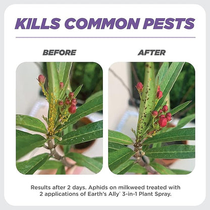 Earth's Ally 3-in-1 Plant Spray 8 oz Conc. Makes 6 gal | Better Than Neem Oil | Insecticide, Fungicide & Spider Mite Control for Organic Gardening, Pest Repellent for Indoor & Outdoor Gardening