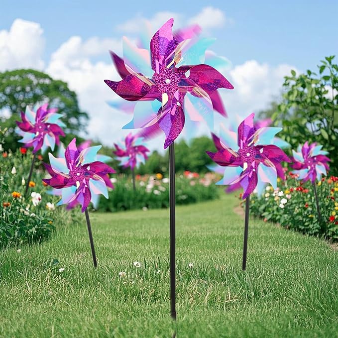winemana 12 Pcs Reflective Pinwheels Outdoor, Wind Spinners for Yard & Garden, Sparkly Bird Repellent Windmill Scare Birds Away, Deterrent Devices for Outside Patio Lawn Spring Decor (Purple)
