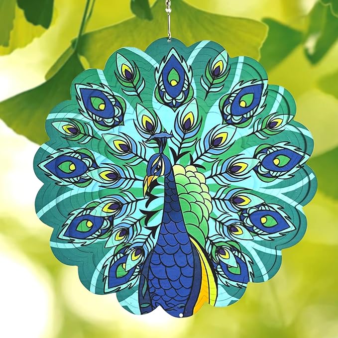 Wind Spinners Outdoor Peacock Art 12 inch 3D Stainless Steel Laser Cut Metal Art Geometric Pattern Wind Sculpture Hanging for Yard Garden Decorations Gifts Outdoor