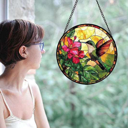 Stained Glass Suncatcher, Hummingbird Red Flowers Green Leaves Sun Catcher Stain Glass Window Hanging Decoration Mother's Day Birthday Gifts for Bird Lover Women Men Mom Nana 9.8 in