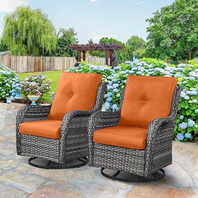 HUMMUH 3-Piece Swivel Rocking Rattan Chair Outdoor, Patio Bistro Furniture Conversation Set, Cushioned Wicker Chair with Glass Coffee Table(Grey, Orange)