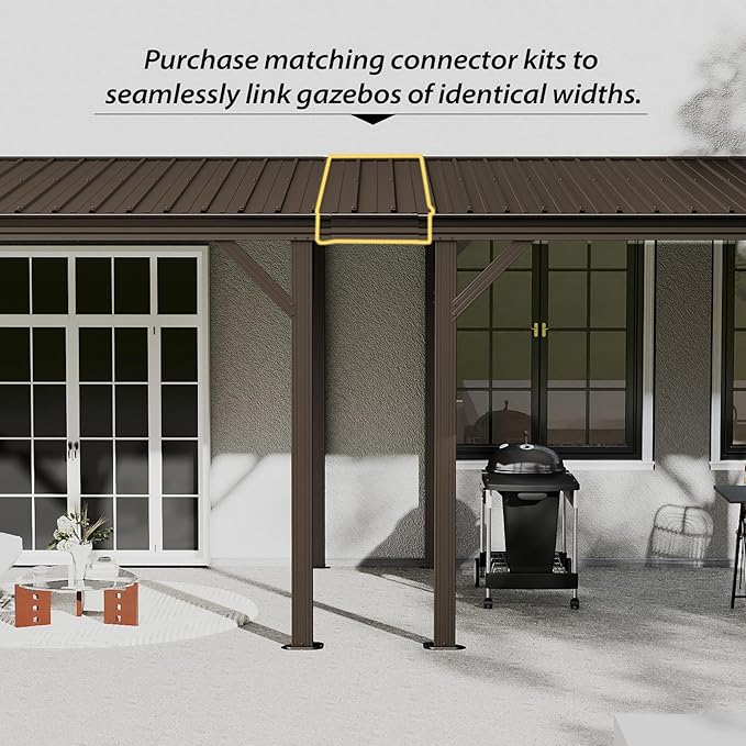 Domi 10'x10' Lean to Gazebo Hardtop, Expandable Wall Mounted Pergola with Gutters & Galvanized Steel Roof, 60MPH Wind Resistance, Outdoor Heavy Duty Metal Awning for Patio, Deck, Backyard - Brown