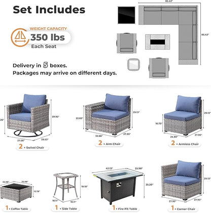 ovios 10 Pieces Patio Furniture Set, Outdoor Wicker Sectional Sofa with 42" Fire Pit Table Swivel Chairs, Modern Modular Deep Seat Rattan Couch Conversation Sets, Denim Blue