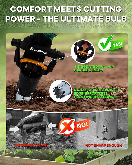 Bulb Planter Tool - One-Touch Automatic Bulb Planter for Bulbs, Seeds & Seedlings - 5" Depth Stainless Steel Garden Bulbs Dibber with Ergonomic Handle - No Bend Planting, Includes Gloves