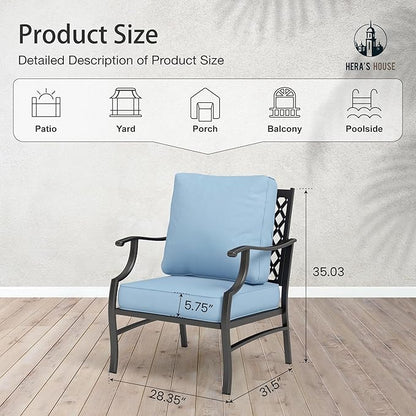 HERA'S HOUSE Outdoor Chairs Set of 2, 2 x Patio Chair with Blue Cushions, All Weather Outdoor Furniture for Lawn Garden Backyard Deck(Leg Chairs)
