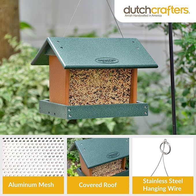 DutchCrafters Poly Hanging Hopper Bird Feeder, Large Hanging Bird Feeder for Outside, Outdoors - Amish American Made (Turf Green & Cedar)