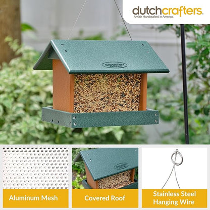 DutchCrafters Poly Hanging Hopper Bird Feeder, Large Hanging Bird Feeder for Outside, Outdoors - Amish American Made (Turf Green & Cedar)
