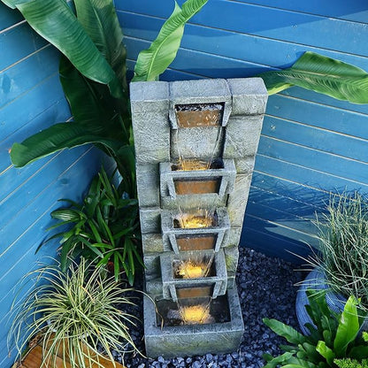 41.1" Garden Water Fountain Outdoor – 5-Tier Modern Cascading Resin Waterfall Fountain with LED Light, Mossy Stone Look, Floor-Standing Outdoor Water Feature for Patio, Yard, Deck, Home Décor