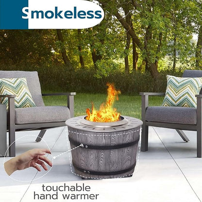 Afterglow Smokeless Fire Pit, 20.5" Round Wood Burning Stainless Steel Top and TerraFab Material Base,Firepit with Weather Cover Perfect for Outdoor Patio Garden, Wood Grain Gray