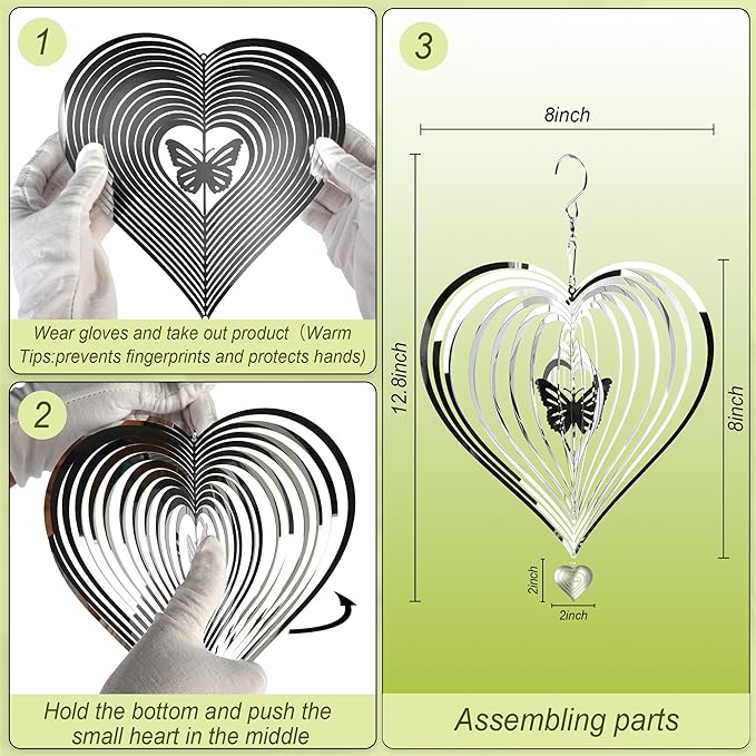HOOSUN Metal Wind Spinners Outdoor for Yard and Garden Decor,Reflective Bird Deterrents for Outside Windows Patio Porch,Stainless Steel 3D Hanging Heart Butterfly Wind Spinners Gifts for Mom Women