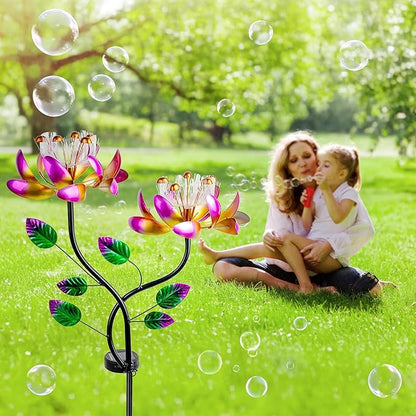 55'' Solar Powered Kinetic Wind Spinner Sculpture Pink Lotus Metal Stake Spinner for Patio, Lawn and Garden Decor Weather-Resistant Outdoor Art with Dual Lotus Design