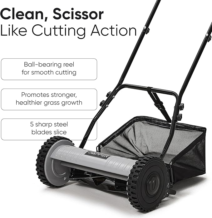 16" Push Reel Lawn Mower with Grass Catcher – Manual 5-Blade Hand Mower, Adjustable 3-Position Cutting Height (0.5"–1.75"), Lightweight & Eco-Friendly – 1-Year Warranty