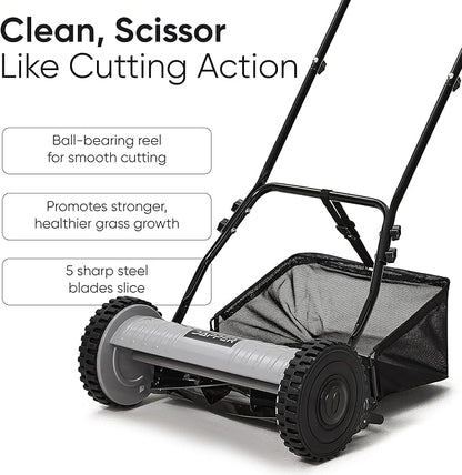 16" Push Reel Lawn Mower with Grass Catcher – Manual 5-Blade Hand Mower, Adjustable 3-Position Cutting Height (0.5"–1.75"), Lightweight & Eco-Friendly – 1-Year Warranty