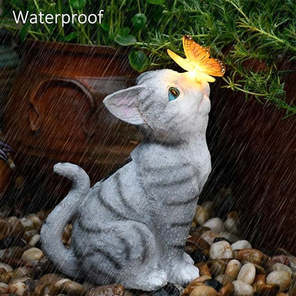 Solar Cat Garden Figurines Outdoor Decor Statue with LED Lights for Patio Balcony Yard Lawn Housewarming Gift for Garden Mom Grandma (Grey)