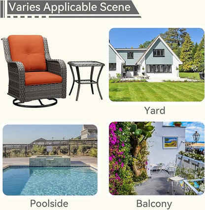 2 Pieces Outdoor Swivel Rocker Patio Chairs Set - Outdoor Wicker Patio Conversation Sets with 1 Side Table, Olefin Fabric Cushions Suitable for Backyard Deck and Porch, Orange