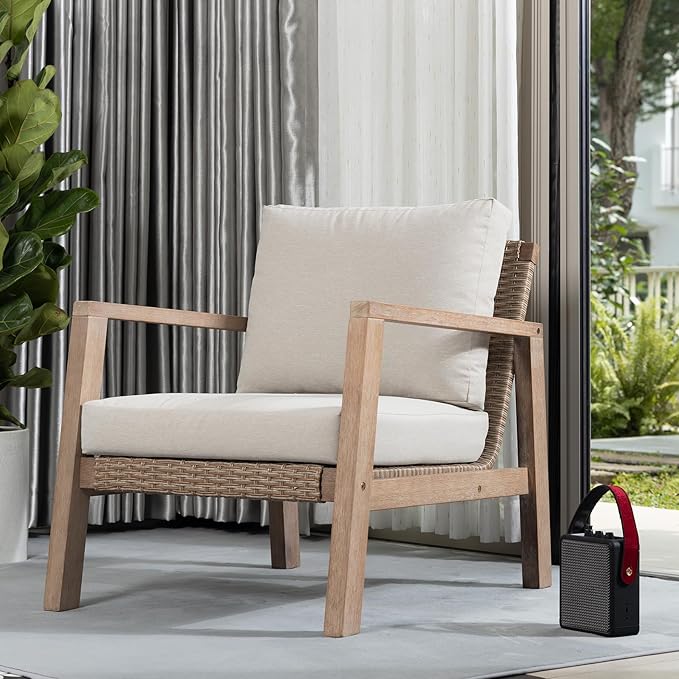 IDZO Olivier Premium Eucalyptus Outdoor Club Chairs Set of 2, 400lbs Heavy Duty Patio Furniture Set, Ergonomic Slanted Backrest Design, 4.5in Thick Cushion, Wood Wicker Silver Gray