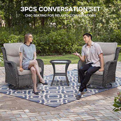 Patio Conversation Set with Smile-Shaped Cushions, Luxury Outdoor Swivel Chairs with Side Table and Ottomans, 5PCS PE Rattan Swivel Glider Chairs Set, Brown Wicker|Beige Cushions