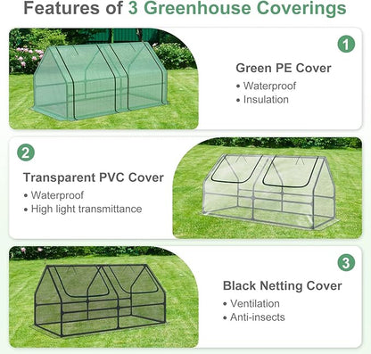 Aoodor 6 x 3 x 3 ft Mini Greenhouse with 2 Zipper Doors, Water-Resistant, UV-Protected for Flowers, Vegetables, and Herbs, Includes 3 Covers