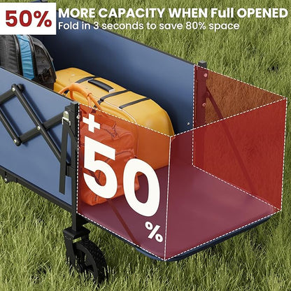 Collapsible Wagon with Wheels & Tailgate, 350LBS Wagons Carts Foldable Heavy Duty, Lightweight Portable Folding Utility Wagon Grocery Shopping Cart for Garden, Camping, Beach (Navy)