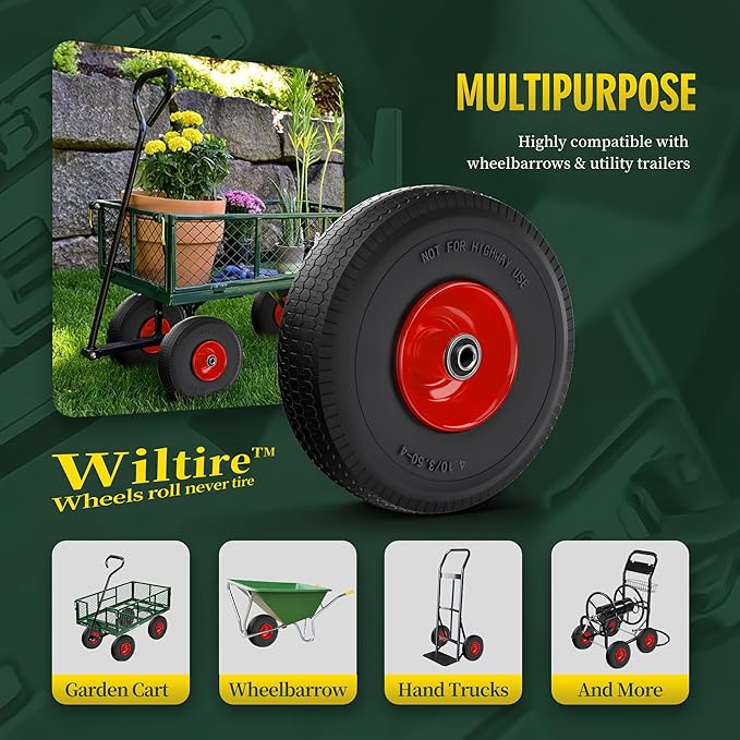 (2 Pack) 4.10/3.50-4 Flat Free Tire and Wheel 10-Inch Solid Wheel Replacement with 5/8 Extra 3/4 &1/2 Bearings,2.2" Offset Hub -Compatible with Hand Truck,Wheelbarrow(Wave,Red)
