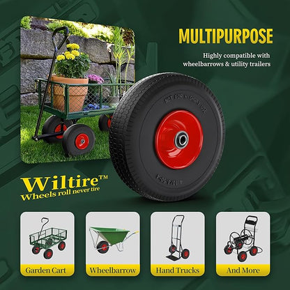 (2 Pack) 4.10/3.50-4 Flat Free Tire and Wheel 10-Inch Solid Wheel Replacement with 5/8 Extra 3/4 &1/2 Bearings,2.2" Offset Hub -Compatible with Hand Truck,Wheelbarrow(Wave,Red)