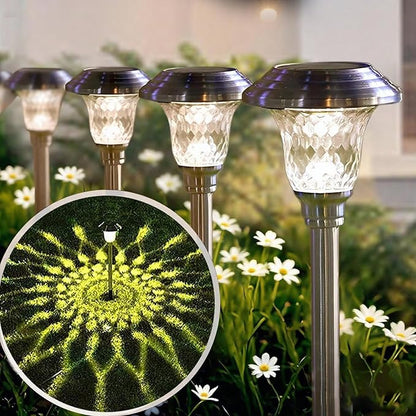 Beau Jardin 4 Pack Solar Pathway Lights Outdoor Stainless Steel Lights Solar Powered Waterproof Glass High Lumen Garden Landscape Path Yard Walkway Driveway Outside Color Changing Cool White Silver