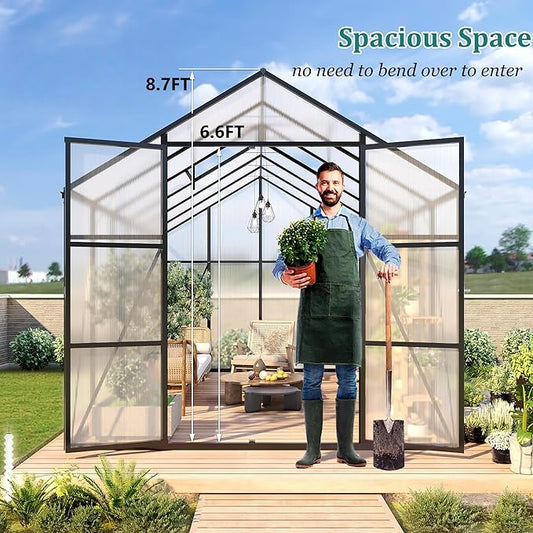 10*12*8.7FT Greenhouse for Outdoors,Polycarbonate Greenhouse with Stronger Wind Protection and Roof Vent,Walk-in Large Aluminum Sunroom Winter Proof,Black