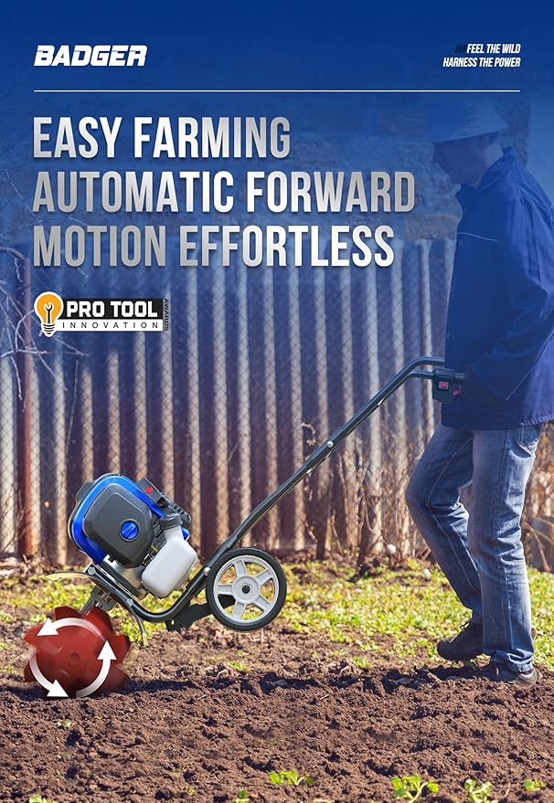 WILD BADGER POWER Garden Tiller 53cc Mini Cultivator 15 inch Powerful Liftable Booster Rod Tilling Tool for Lawn, Garden and Field Soil Cultivation