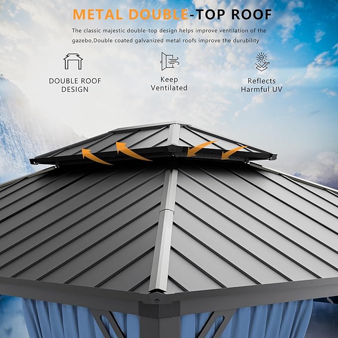 12’x20’ Hardtop Gazebo Outdoor Aluminum Frame Permanent Gazebo Galvanized Steel Double Roof Gazebos with Nettings and Curtains for Patio, Lawns,Backyard, Deck(Navy)