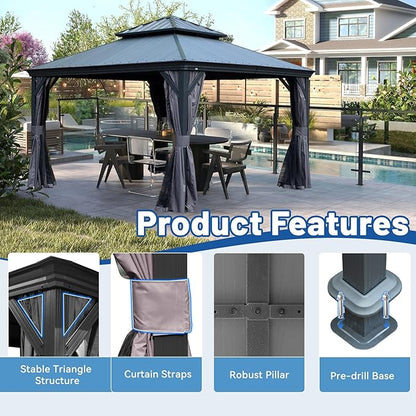 Outdoor Hardtop Gazebo for Patio 12x12FT with Resin-Galvanized Steel Roof, Metal Hard Top Gazebo with Gutters, Heavy Duty Gazebos All Season with Curtains & Netting, for Deck, Backyard, Hot Tub
