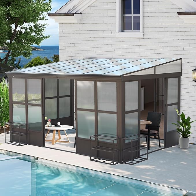 10x14FT Wall Mounted Sunroom Kit All Season, Outdoor Enclosed Gazebo Lean to Solarium with Detachable Polycarbonate Roof/Windows, 2 Lockable Sliding Doors, Permanent Aluminum Sun Room for Patio