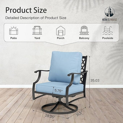 HERA'S HOUSE Outdoor Chairs Set of 2, 2 x Patio Chair with Blue Cushions, All Weather Outdoor Furniture for Lawn Garden Backyard Deck(Swivel Chairs)