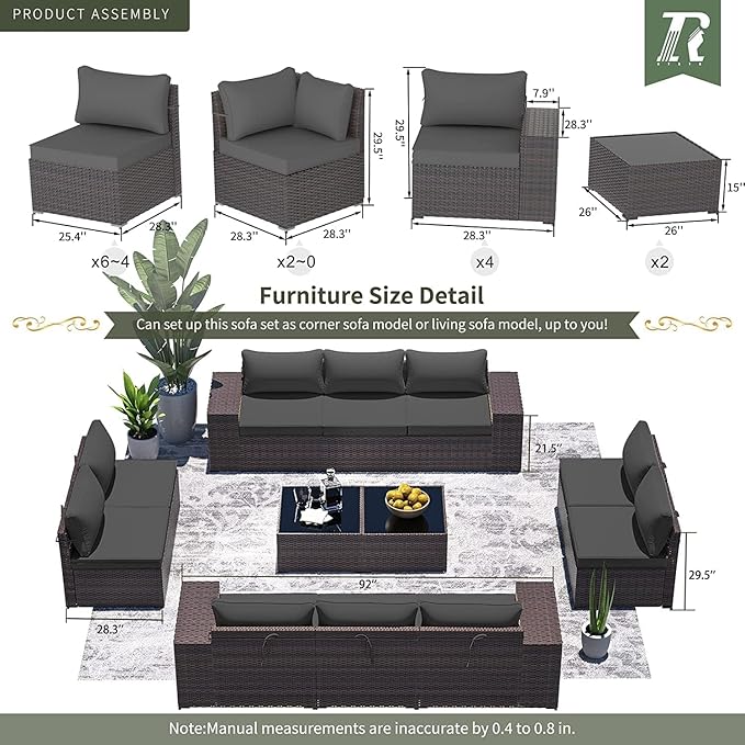 Outdoor Patio Furniture Set, 12 Pieces Outdoor Furniture All Weather Patio Sectional Sofa PE Wicker Modular Conversation Sets with Coffee Table,10 Chairs and Seat Clips Grey