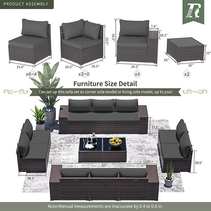 Outdoor Patio Furniture Set, 12 Pieces Outdoor Furniture All Weather Patio Sectional Sofa PE Wicker Modular Conversation Sets with Coffee Table,10 Chairs and Seat Clips Grey