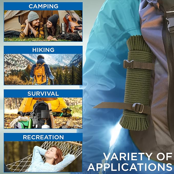 TECEUM Cotton Rope 3/16” (5 mm) – 50 FT – Strong All-Purpose Braided Rope – Natural Cotton – for Crafting, Сamping, Clothes Line, DIY, Indoor & Outdoor Use – Army Green