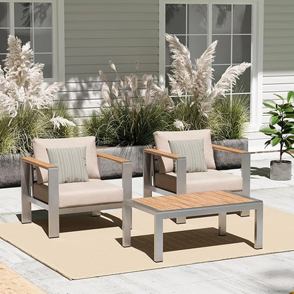 Aluminum Outdoor Sofa Bistro Set, 3 Piece Outdoor Patio Furniture Set with Washable Thick Cushion, Patio Sectional Furniture Set for Porch, Balcony, Deck, Yard, Silver