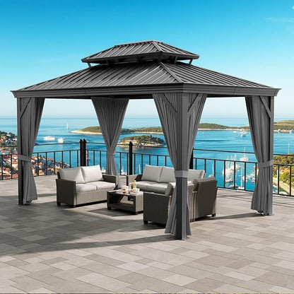 18'x12' Hardtop Gazebo, Heavy Duty Aluminum Permanent Hardtop Gazebo Outdoor Pavilion with Curtains and Netting for Garden (Gray, 18'x12')