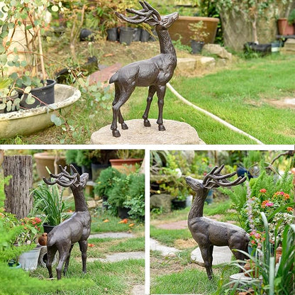 Sungmor 22" Tall Cast Iron Deer Statue - Indoor Outdoor Metal Deer Sculpture, Large & Heavy-Duty Wild Animal Landscaping Figurine, Rustic Garden Decor for Patio, Yard, Home (Dark Brown)