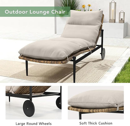 Chaise Lounge Chair Outdoor 3PCS - PE Rattan Wicker Patio Pool Lounge Chairs Set of 2 with Cushion and Wheels, Aluminum Waterproof Lounger with Wood Side Table for Poolside Backyard Porch