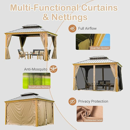Domi 10' X 14' Hardtop Gazebo Outdoor Metal Gazebo Canopy with Galvanized Steel Double Roof, Wood Grain Aluminum Frame, Curtains and Netting for Patio, Deck, Garden