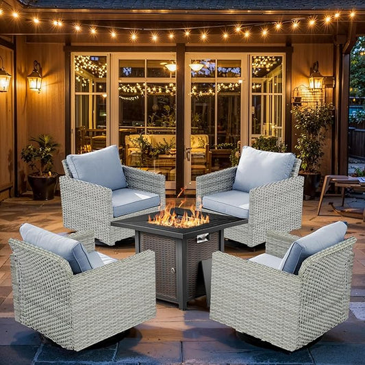 Wicker Outdoor Swivel Chairs Set of 4 with Fire Pit Table, 5 Pieces Patio Furniture Set with Fire Pit Table for Yard, Deck, Garden, Light Beige/Light Blue