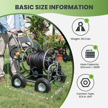 Giraffe Tools Garden Hose Reel Cart, Cart with Wheels Heavy Duty, Industrial Hose Reels for Outside, 250-Feet of 5/8" Hose Capacity, Hose Guide Pre-Installed