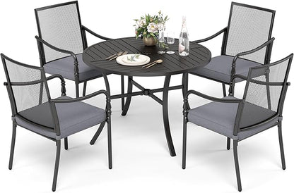 HERA'S HOUSE Round Patio Table and Chairs, Metal Outdoor Dining Sets for 4, 42" Black Table with 4 Cushioned Armrest Chairs for Garden Lawn Backyard