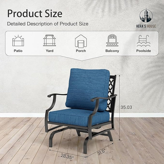HERA'S HOUSE Outdoor Chairs Set of 2, 2 x Patio Chair with Pacific Blue Cushions, All Weather Outdoor Furniture for Lawn Garden Backyard Deck(Rocking Chairs)